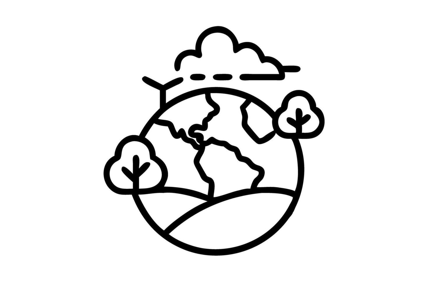 Stylized Earth Day illustration with wind turbines, trees, and clouds representing eco friendly planet concept vector