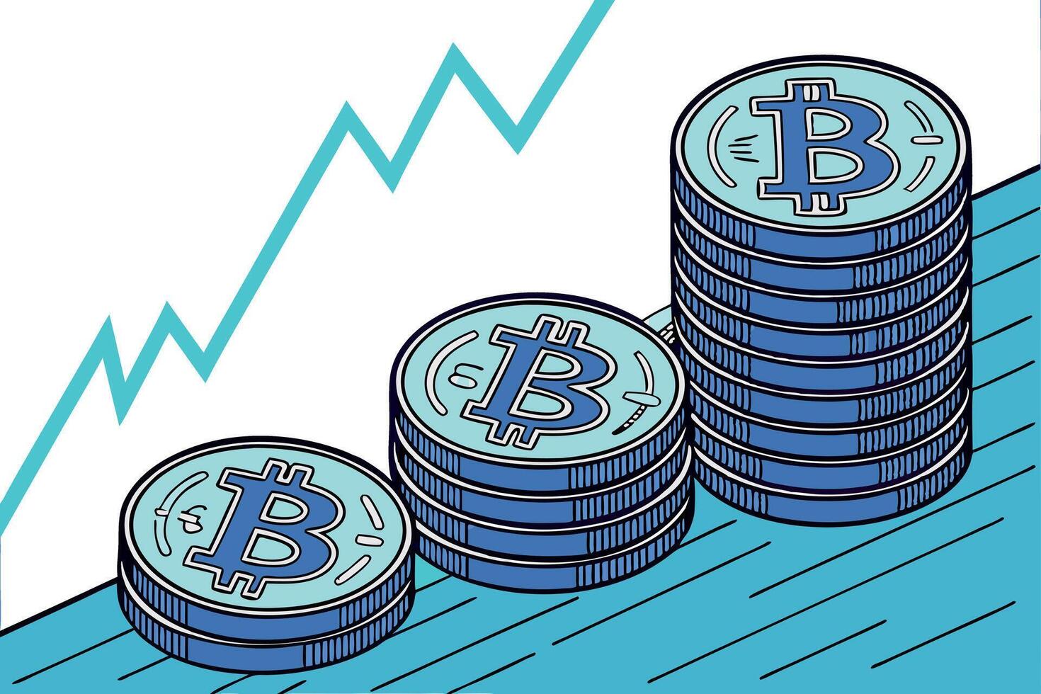 Crypto coins with a rising arrow and stacks of Bitcoin coins, representing rising cash flow vector