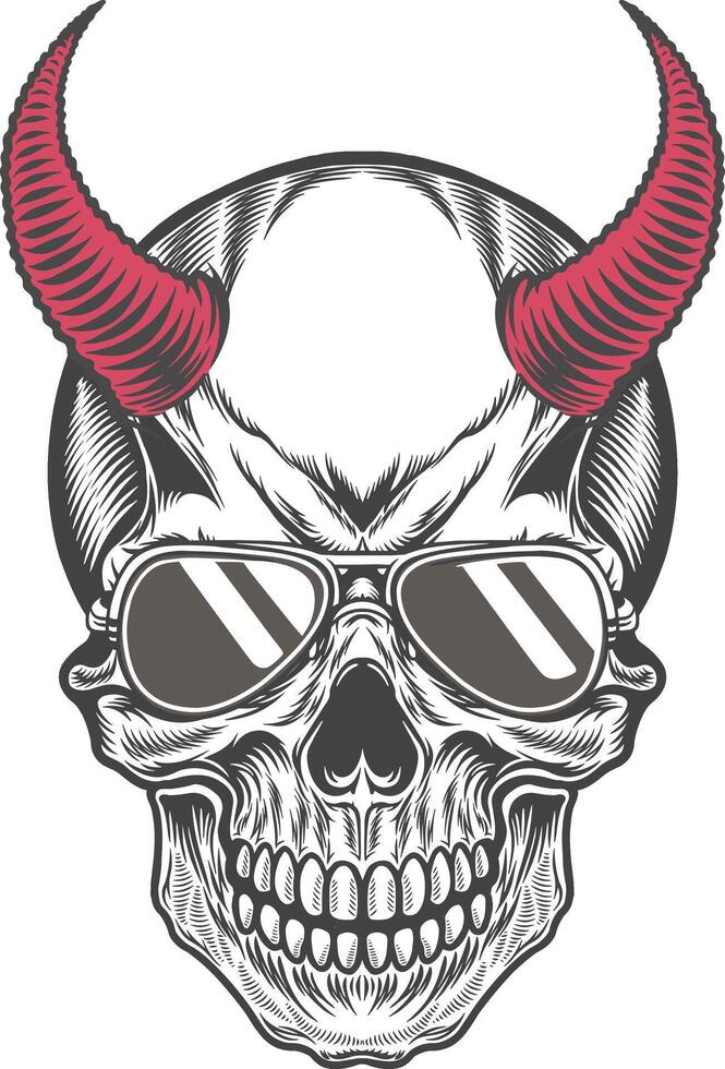 Demon skull with red horns and sunglasses in retro style illustration artwork for streetwear design vector