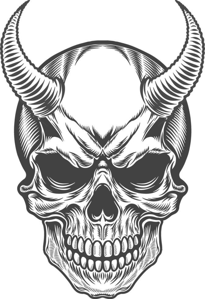 A skull with horrible horns on its head in grunge art style illustration vector