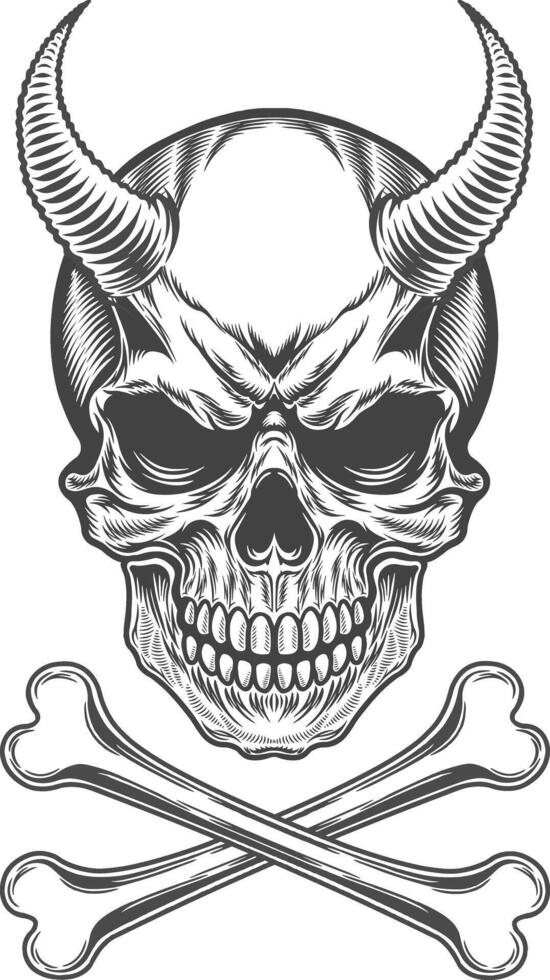Horrible demon skull with horns and crossbones in black and white retro illustration artwork vector