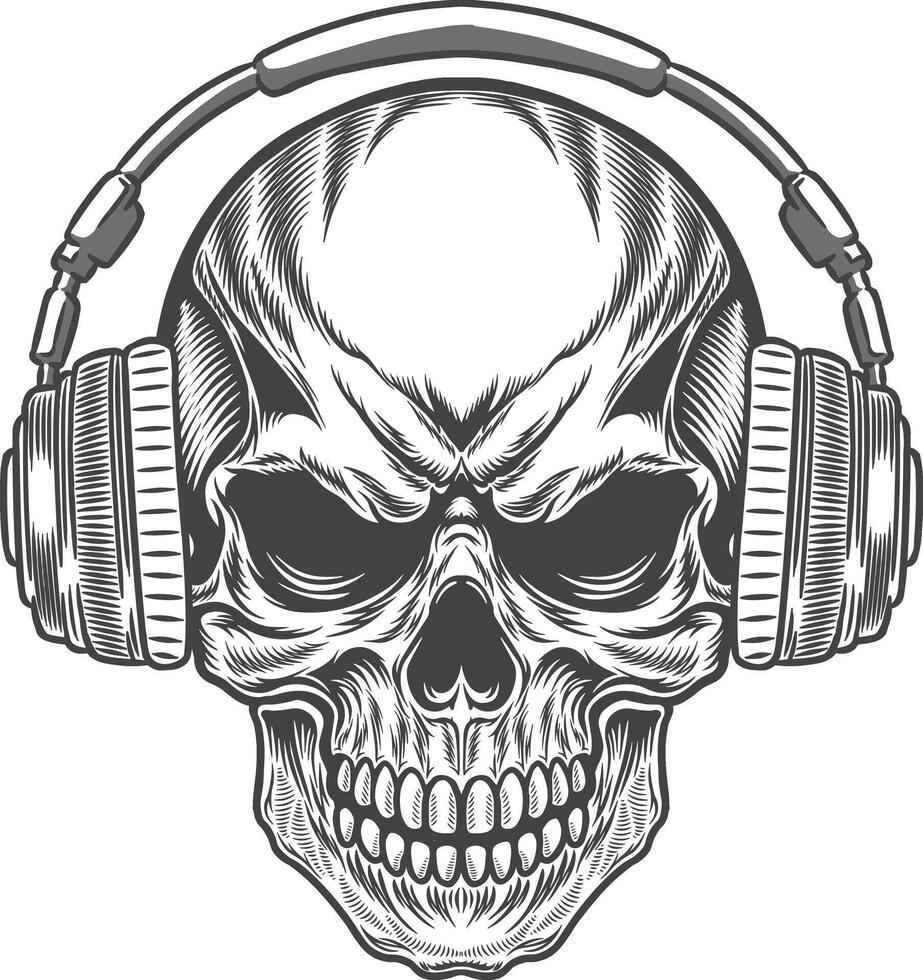 Retro artwork skull with headphones in a vintage engraving style vector