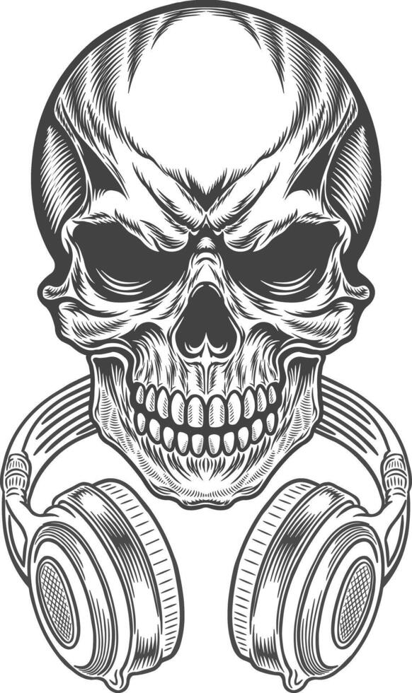 Skull with headphones in black and white retro artwork illustration vector