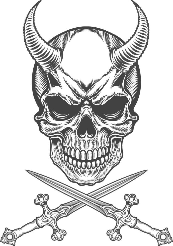 A skull with horns and two swords vector