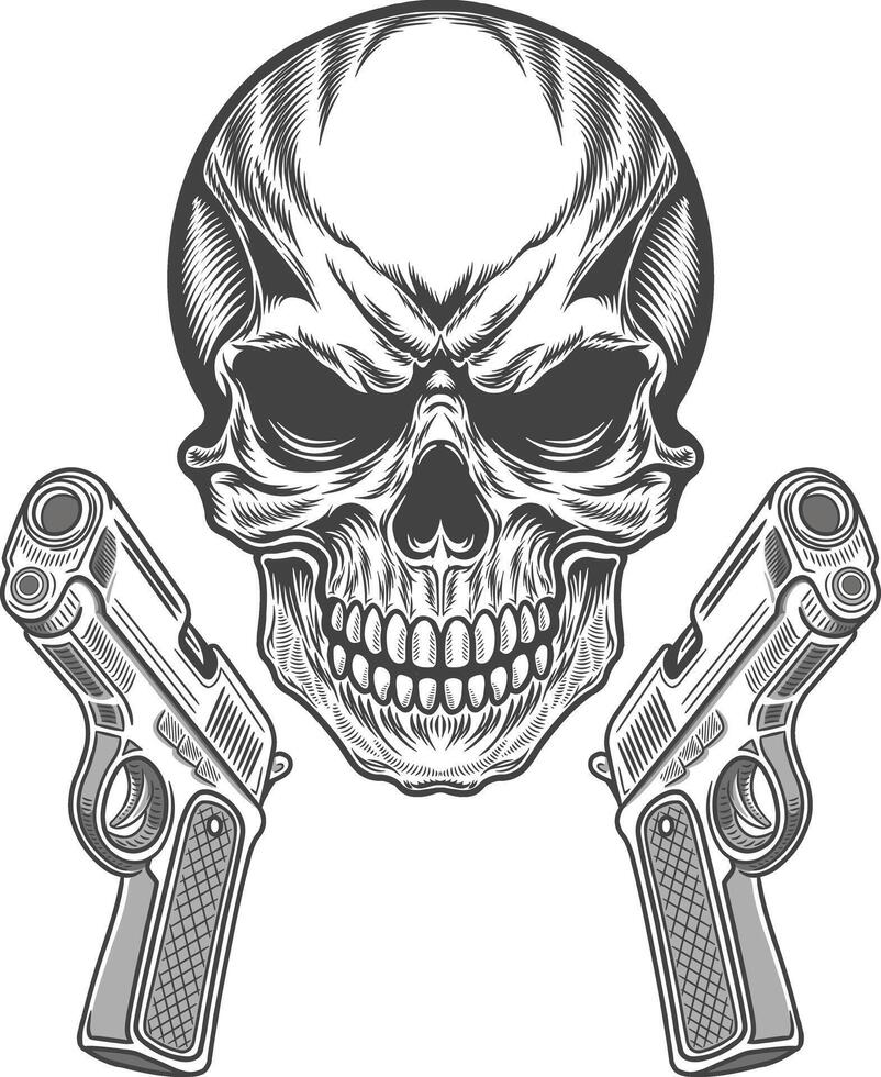 Skull with crosses guns in grunge art style with white background vector