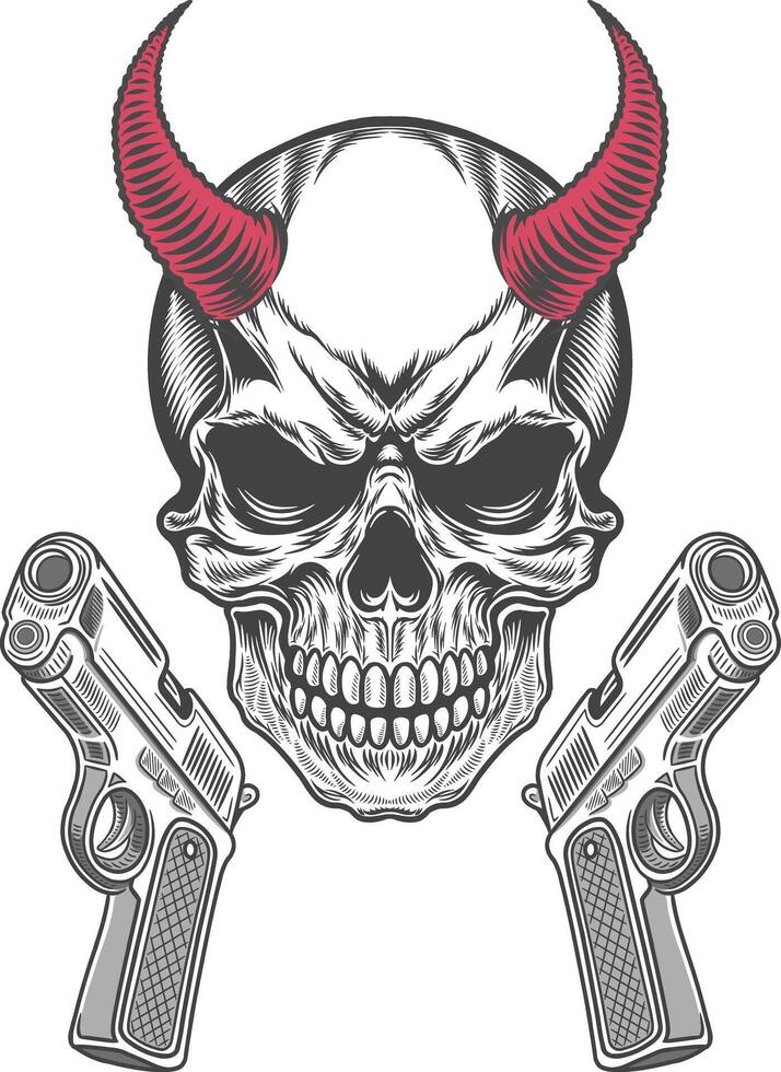 Two guns and retro demon skull with red horns in vintage illustration artwork vector