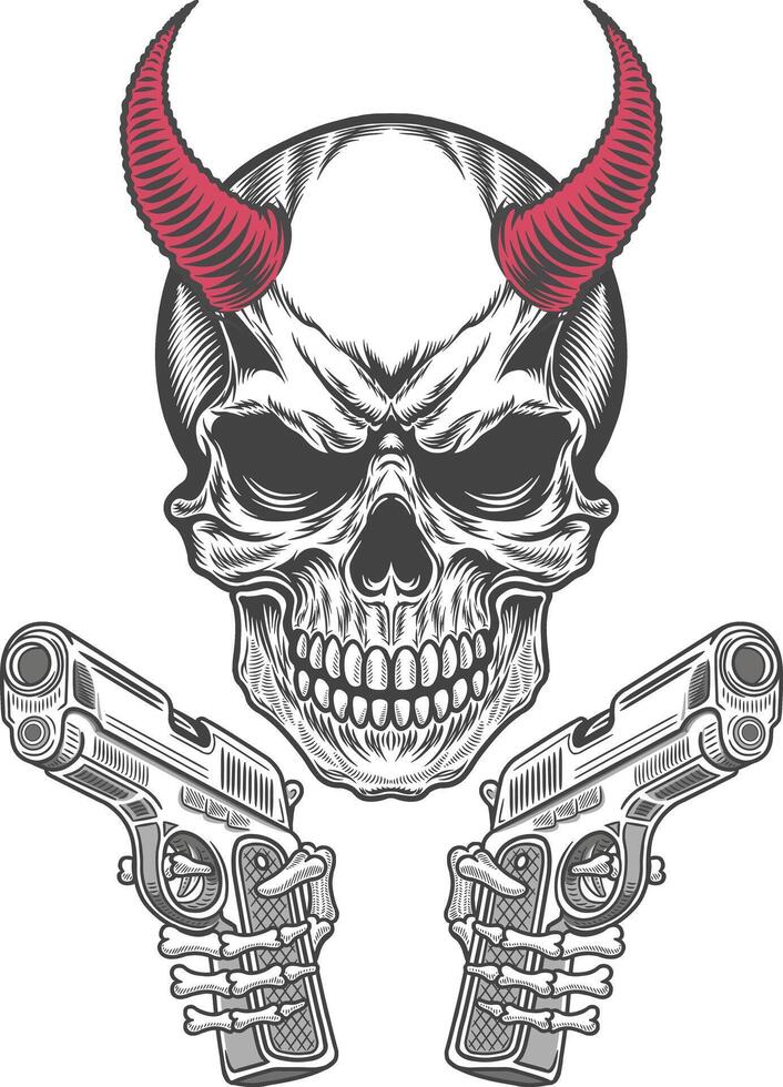 Retro demon skull holding two guns on hand in retro illustration artwork for streetwear design vector