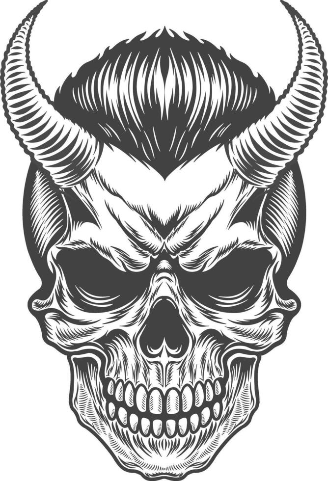 Retro demon skull with horns on its head in monochrome illustration artwork vector