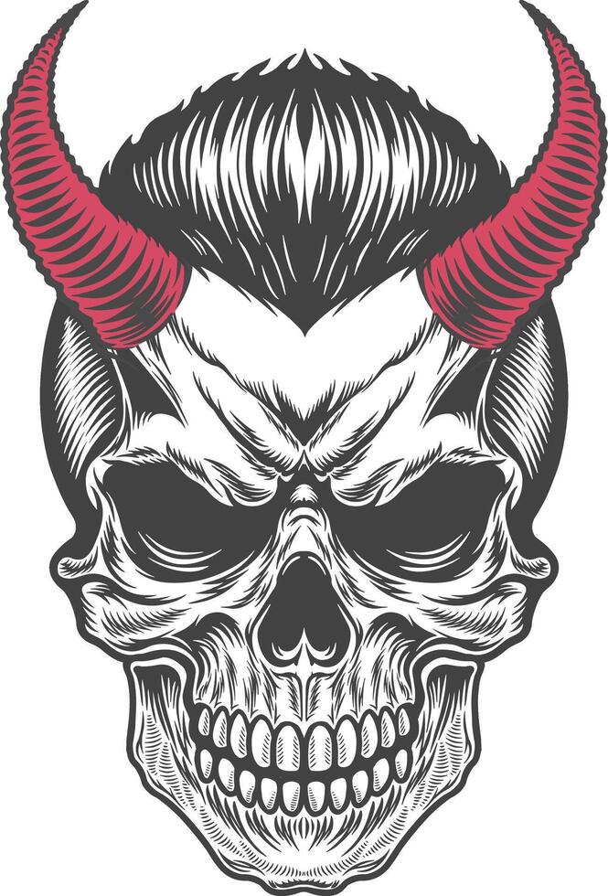 Demon skull with red horns in retro style artwork illustration vector