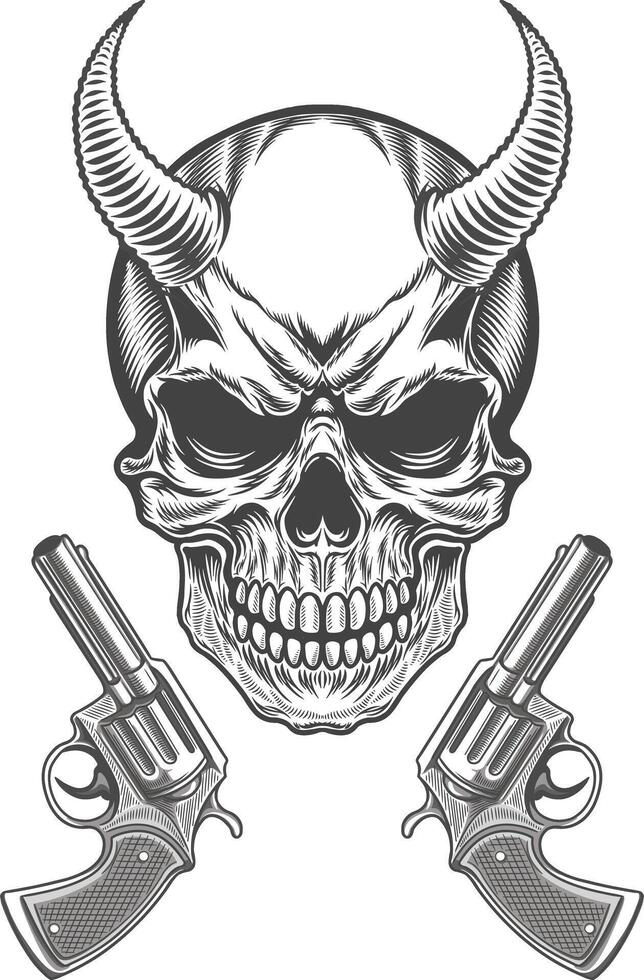 Skull with horns and guns illustration vector