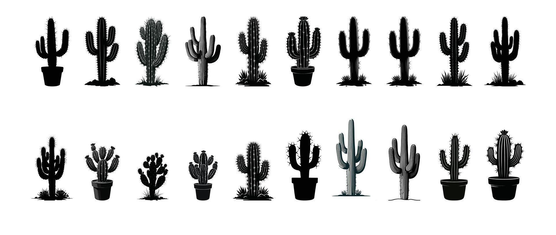 Set of Cactus Silhouettes in Pots and Ground vector