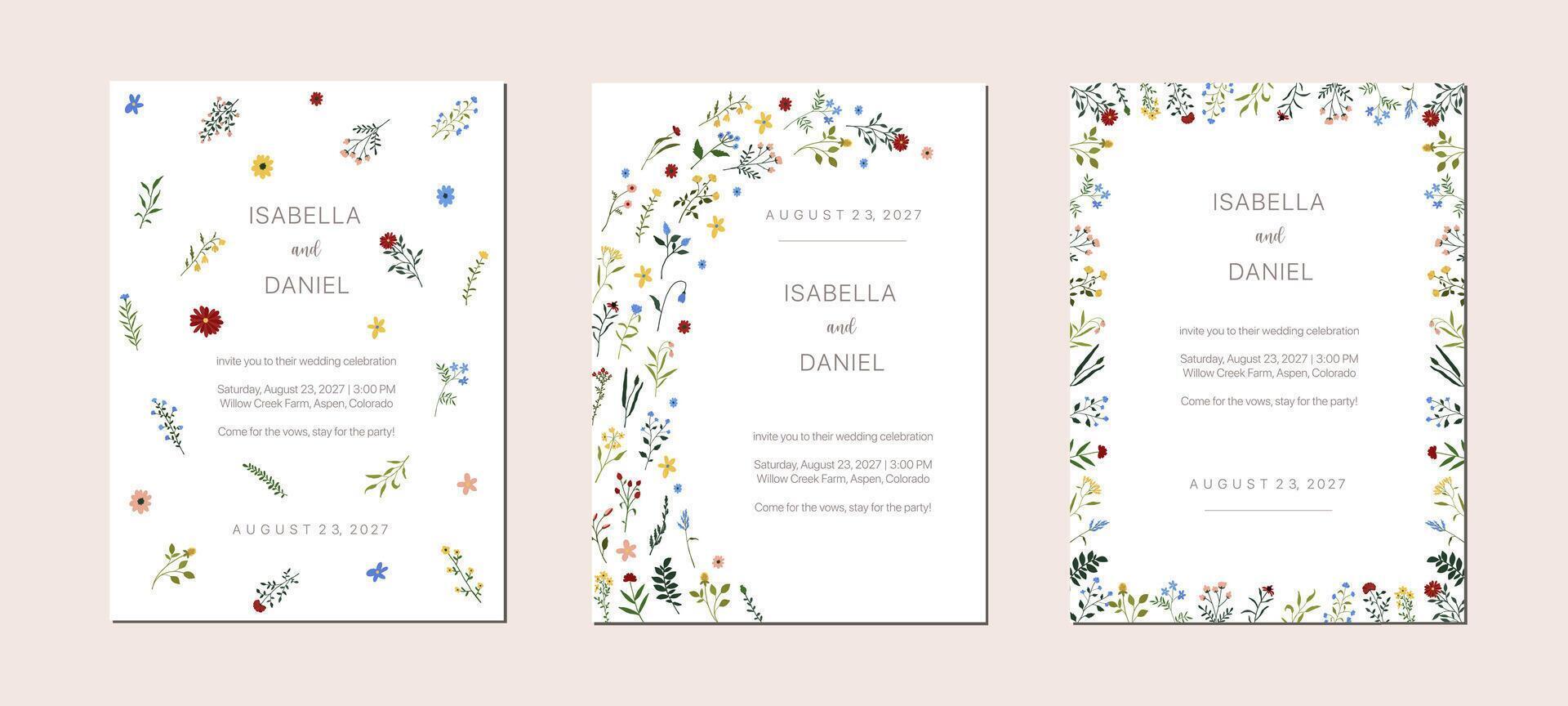 Set of spring wildflower wedding card design. Watercolor flower frame poster background template. Birthday party floral summer abstract decoration invitation illustration vector