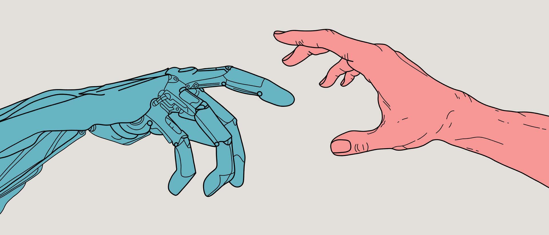 Human arm touch robot colored sketch. Technology artificial arm of future touching human arm line art. Digital computer creation concept. Science tech illustration in black outline style vector