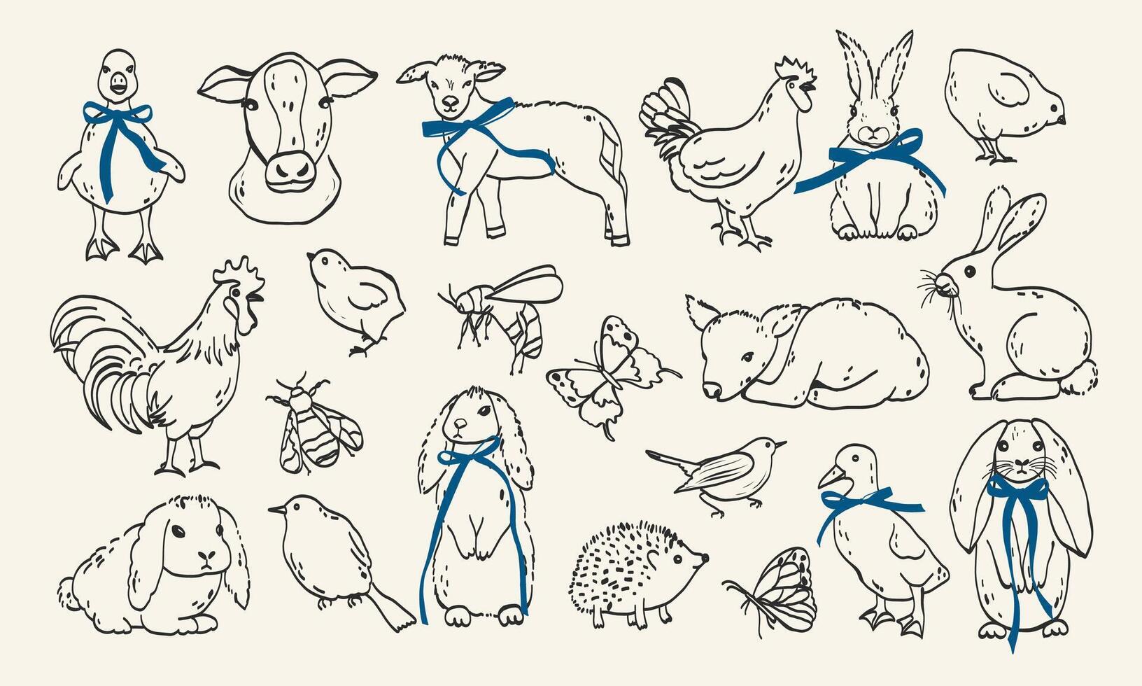 Set of farm animal hand drawn line art icon. Cow, chicken in bow coquette whimsical trendy sketch outline illustration vector