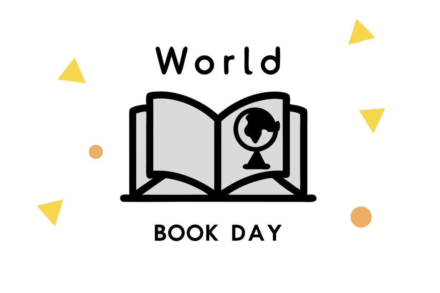 World Book Day celebration banner with a colorful book and globe design surrounded by dynamic geometric shapes and confetti vector