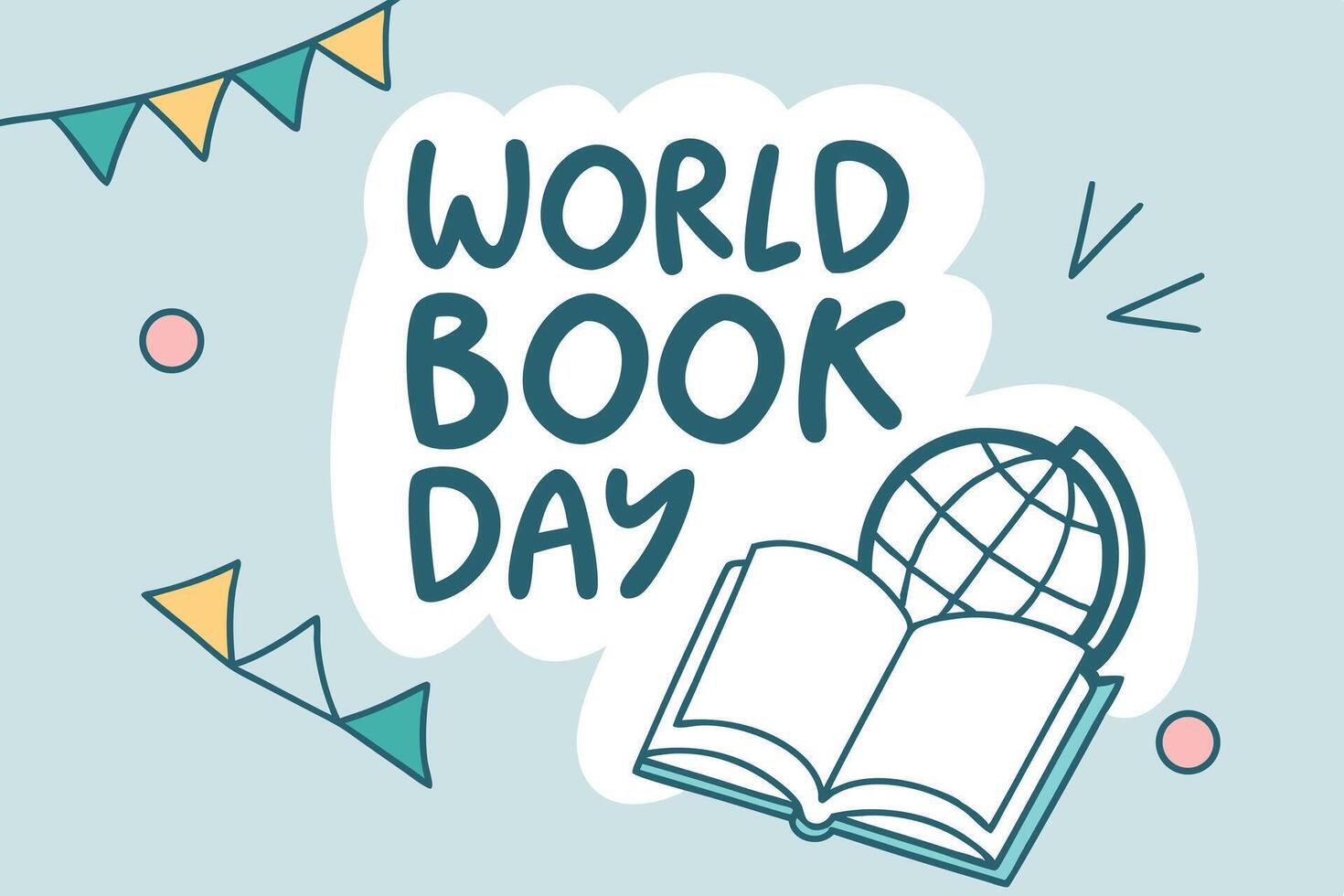 World Book Day banner with an open book and globe, decorated with fun shapes and confetti, celebrating literacy and education vector