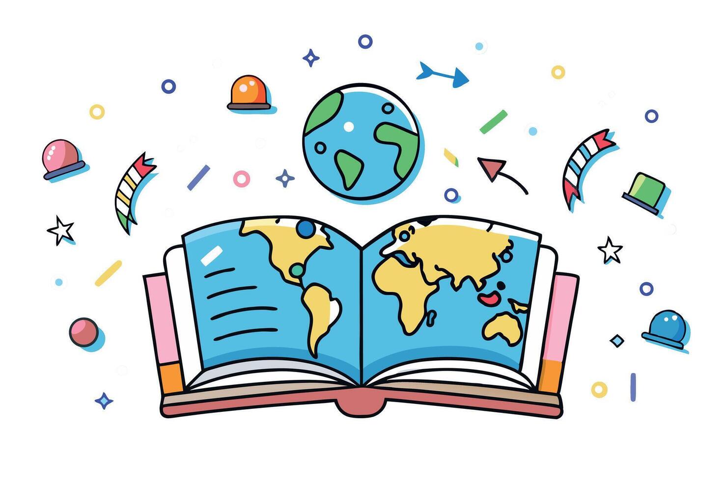 Colorful World Book Day banner featuring a globe and open book design with vibrant geometric shapes and festive confetti vector
