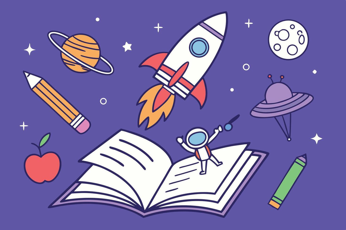 Whimsical World Book Day image with an open book, rocket ships, planets, and stars, evoking curiosity and exploration vector