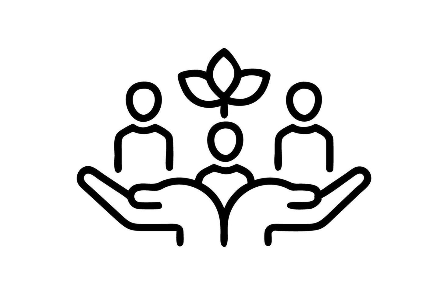 Environmental sustainability concept showing cooperation between diverse individuals, hands holding a growing plant with a symbol of environmental care vector
