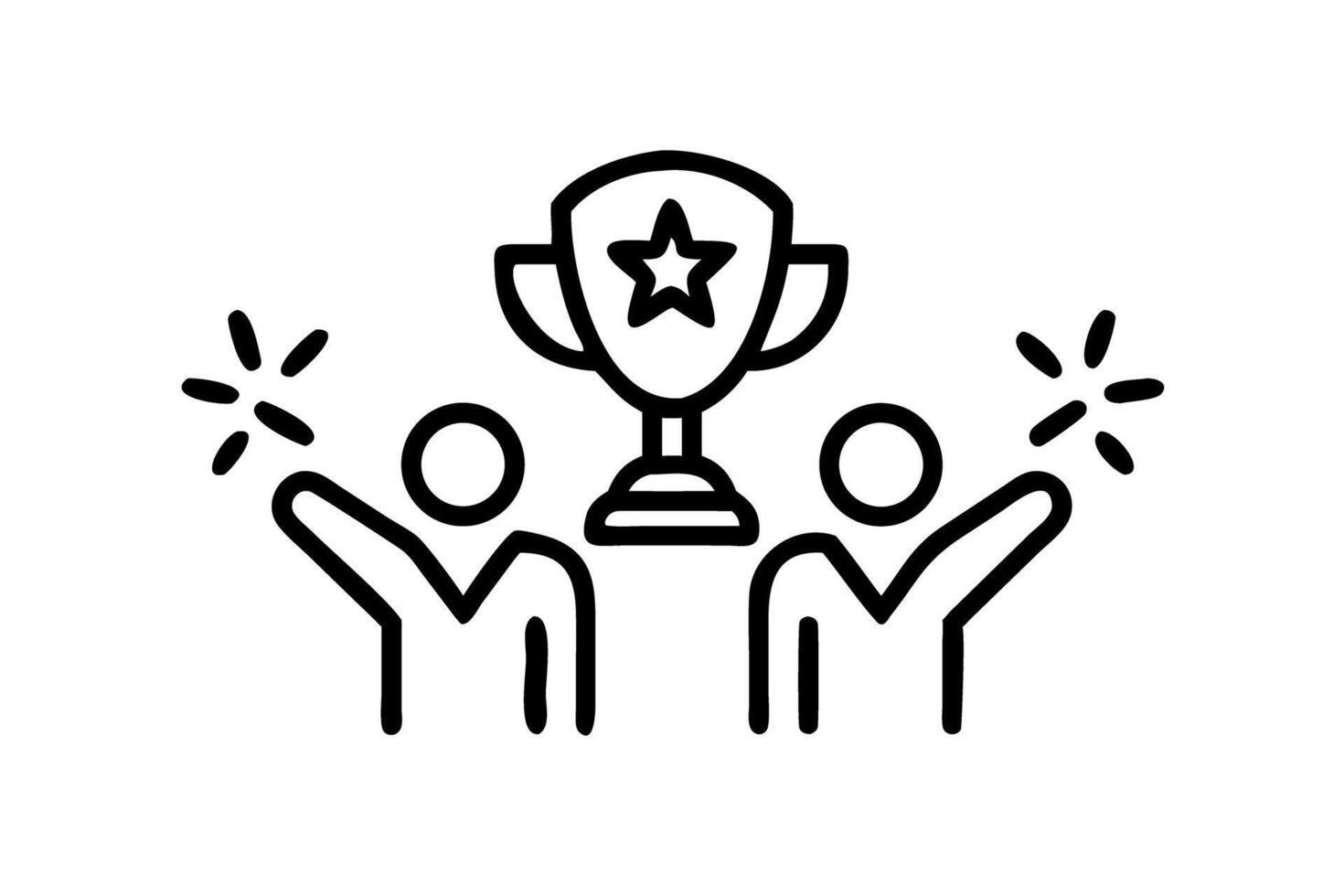 Two people cheering in front of a large trophy with a star on top, symbolizing teamwork and victory, a perfect image for celebrating a shared achievement vector