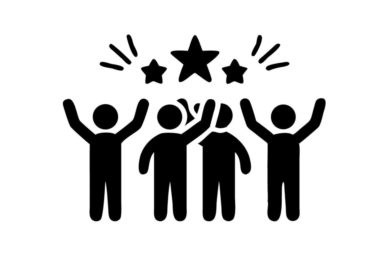 A team of five people celebrating a victory with their arms raised, surrounded by sparkles and stars, symbolizing team success and celebration vector