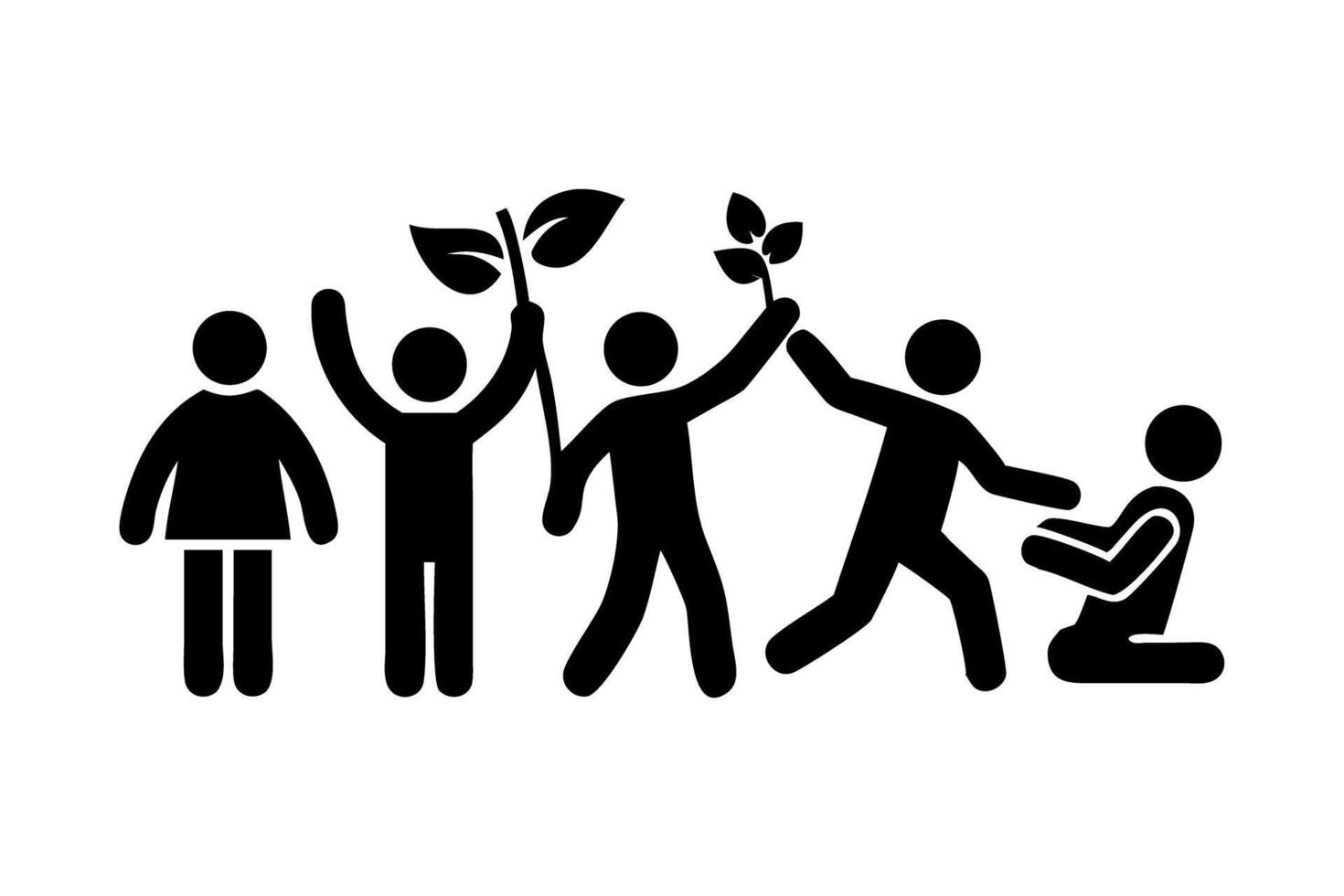 Progressive environmental change illustration with multiple individuals working together to promote plant growth and environmental awareness vector