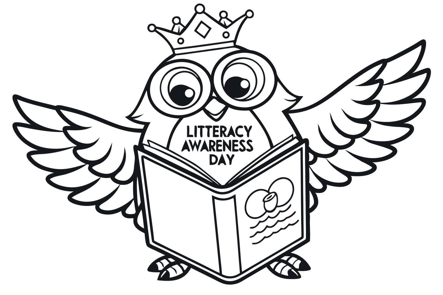 Fun and whimsical owl with a crown reading a book, representing the spirit of World Book Day and literacy awareness in an engaging cartoon style vector