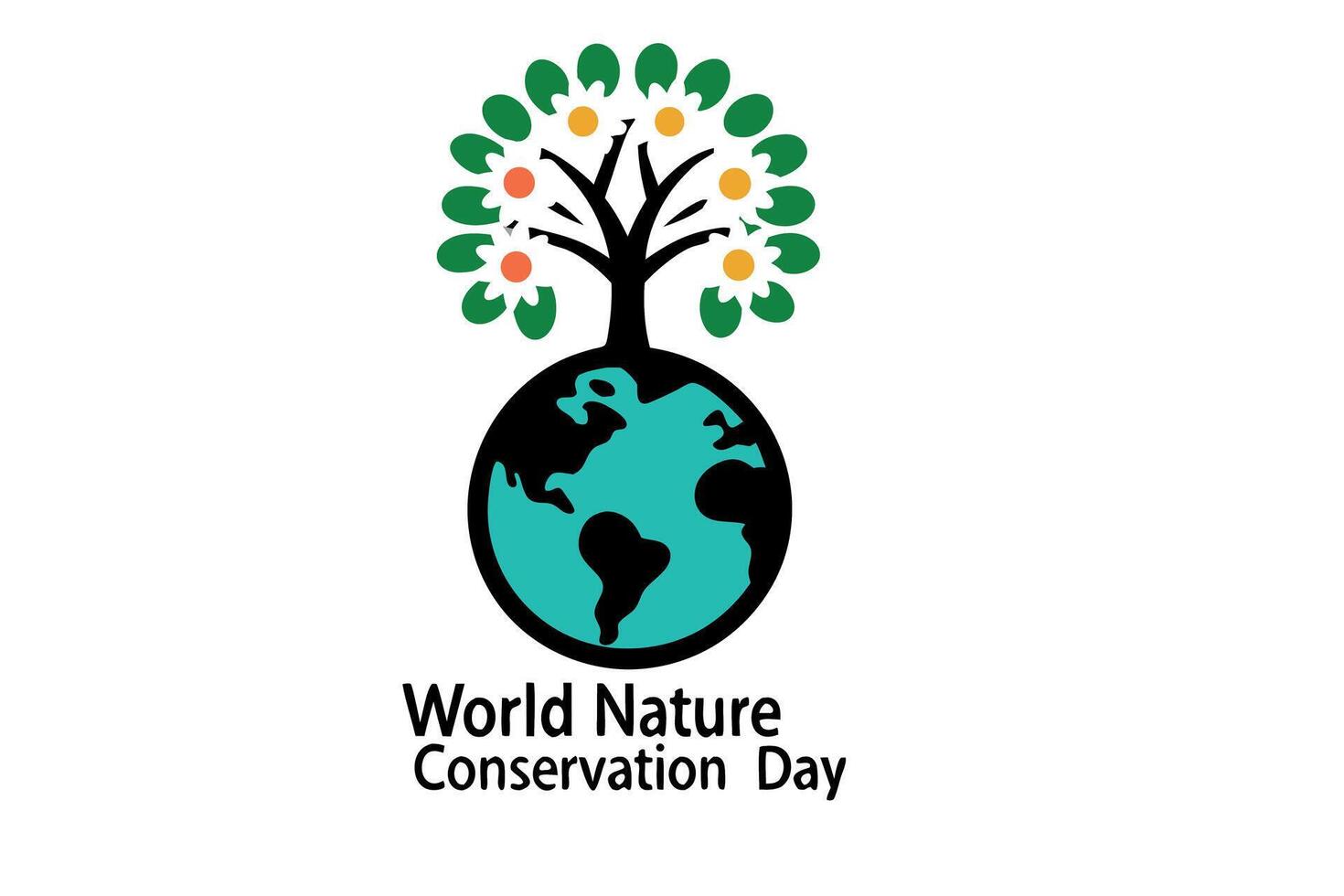 Eco conscious World Nature Conservation Day design featuring a flourishing tree, globe, and colorful plants, supporting nature preservation vector