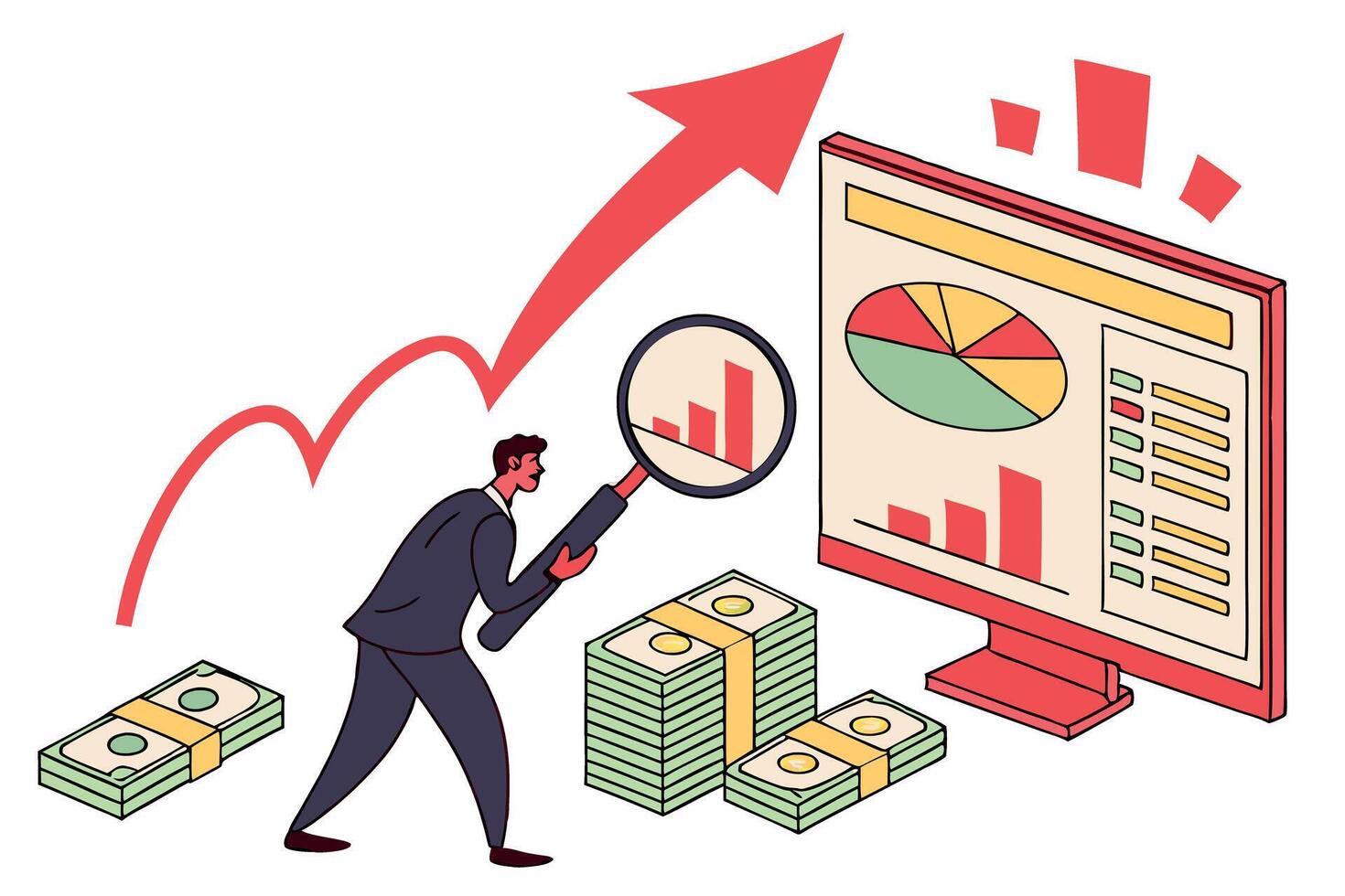 Illustration of financial data analysis, with an emphasis on cash flow monitoring and economic performance metrics on a screen vector