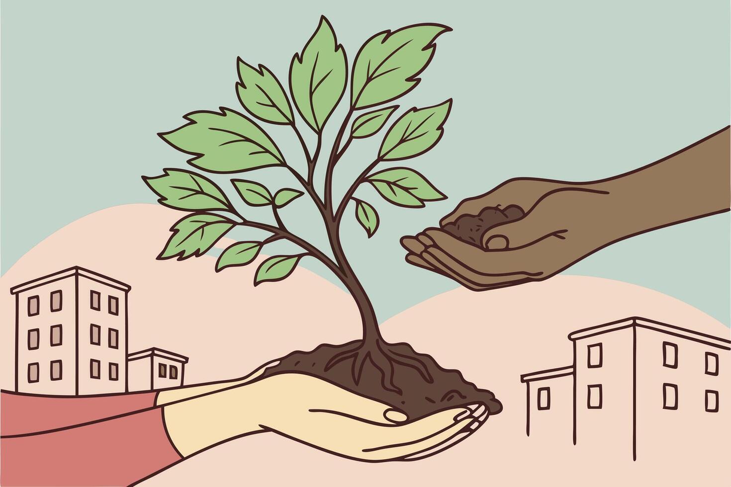 Planting a sapling together in Green energy Earth Day urban environment community collaboration growth sustainability vector