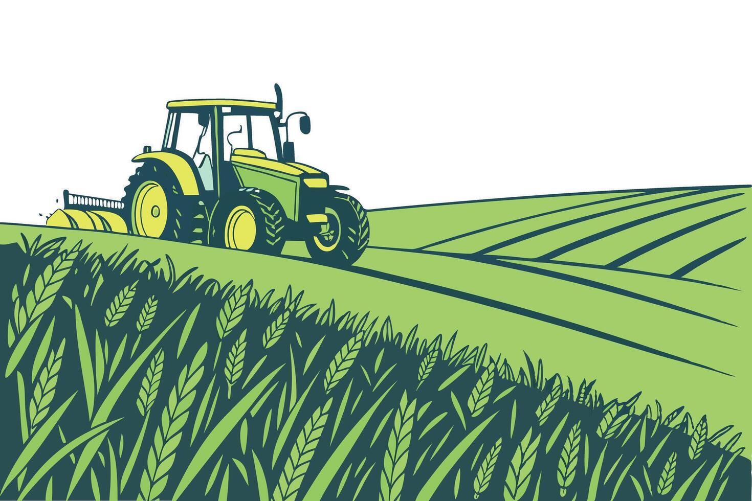 A farmer using a shiny, modern tractor to cultivate a large green field, highlighting the importance of machinery in todays agricultural work vector