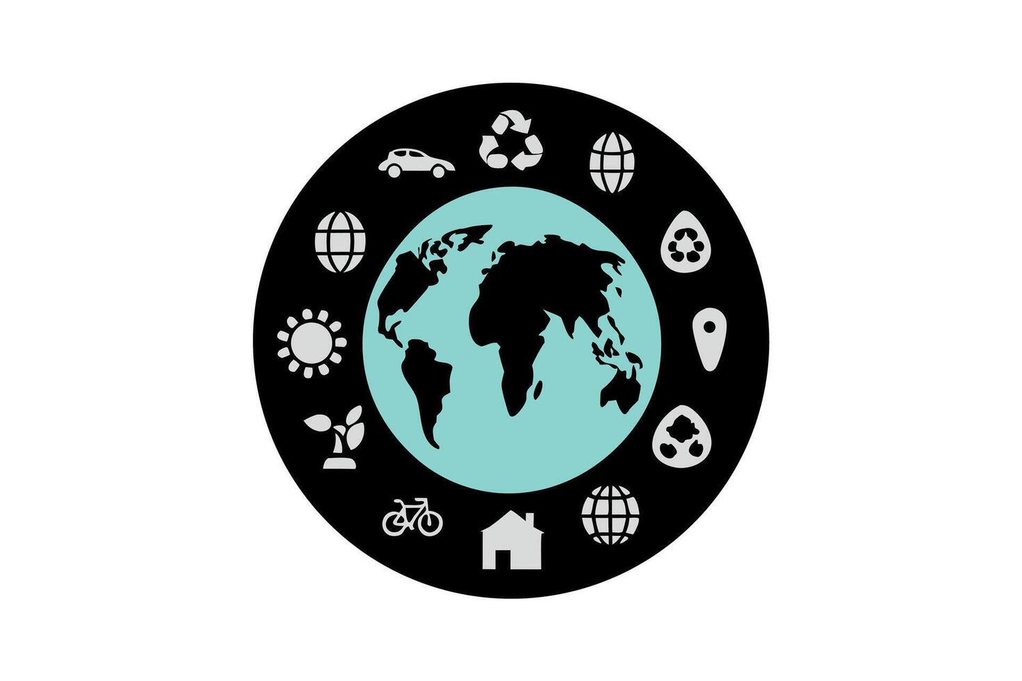 Global Sustainability Icons Encircling the World Earth Day Map Representing EcoFriendly Practices and Environmental Conservation vector