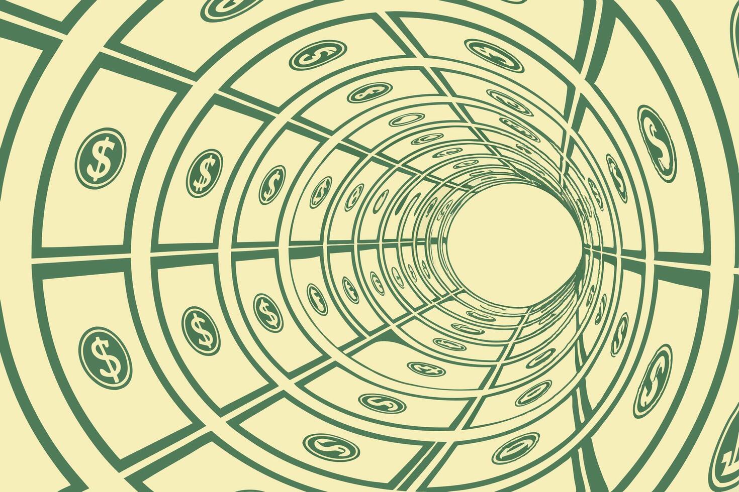 Money Tunnel A symbolic representation of cash flow in business, with money spiraling through a tunnel to indicate financial movement vector