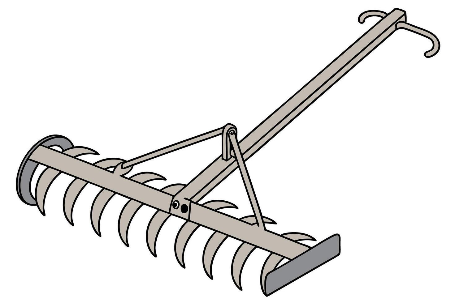 Metal rake with curved teeth used for soil preparation and smoothing dirt in farm field, essential farming tool for ground tilling vector