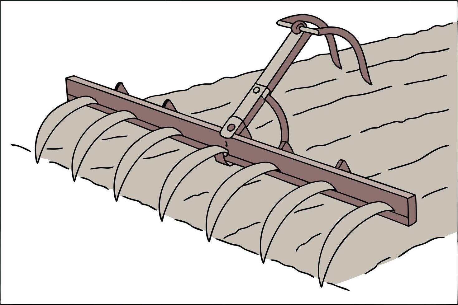 Metal rake with curved teeth used for soil preparation and smoothing dirt in farm field, an essential farming tool ground tilling vector