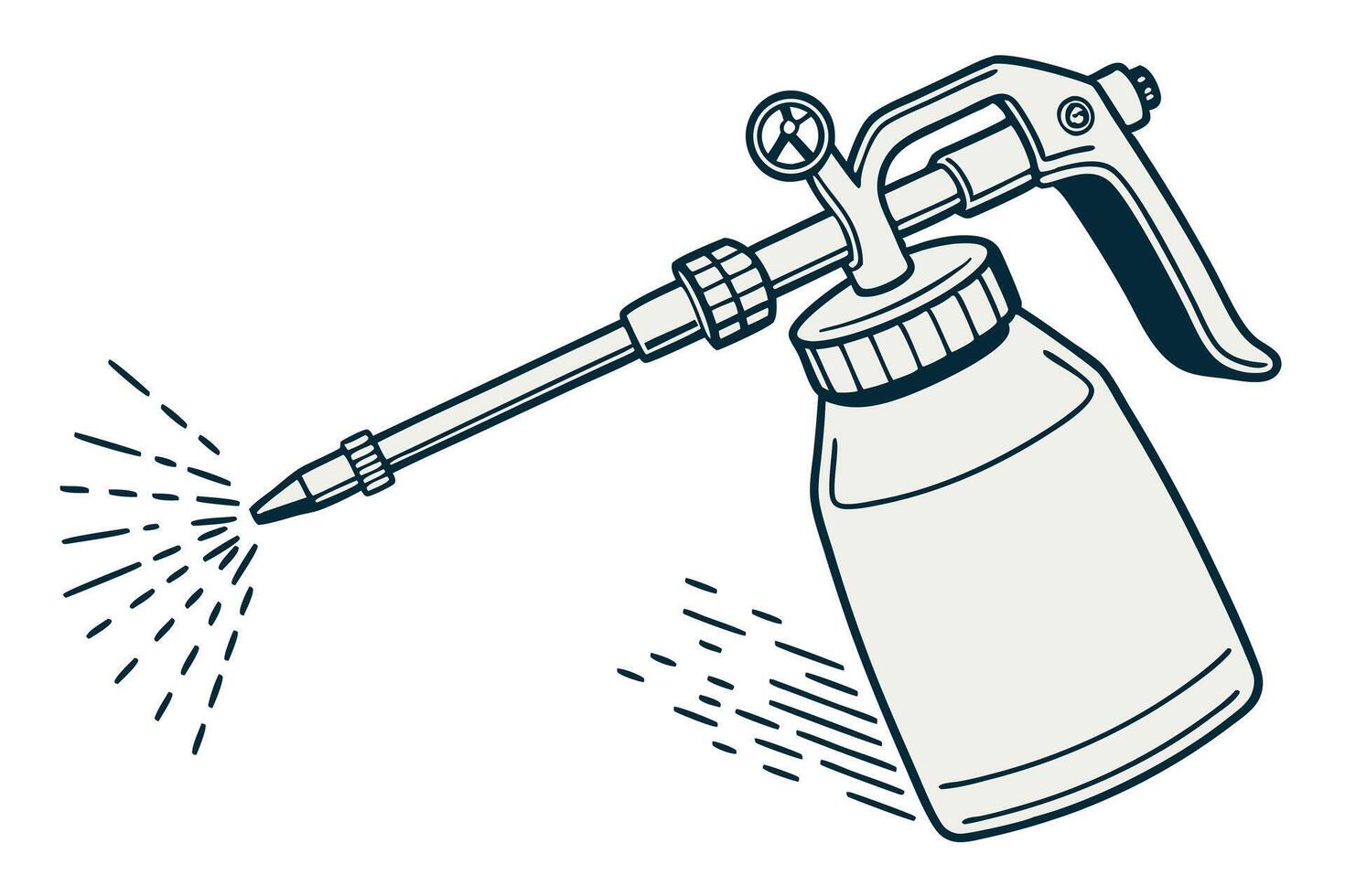 Line art of a spray bottle, drawing showing a sprayer dispensing liquid from a plastic container vector