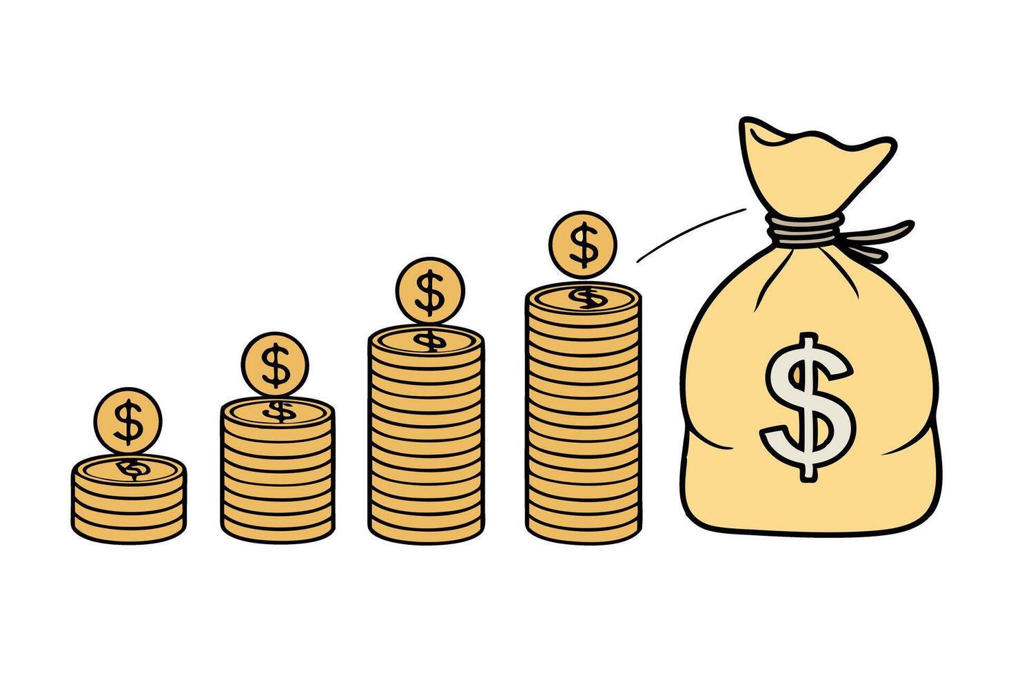 Cash Flow Symbol A bag of money with rising stacks of coins illustrating the gradual but steady increase in financial wealth and security vector