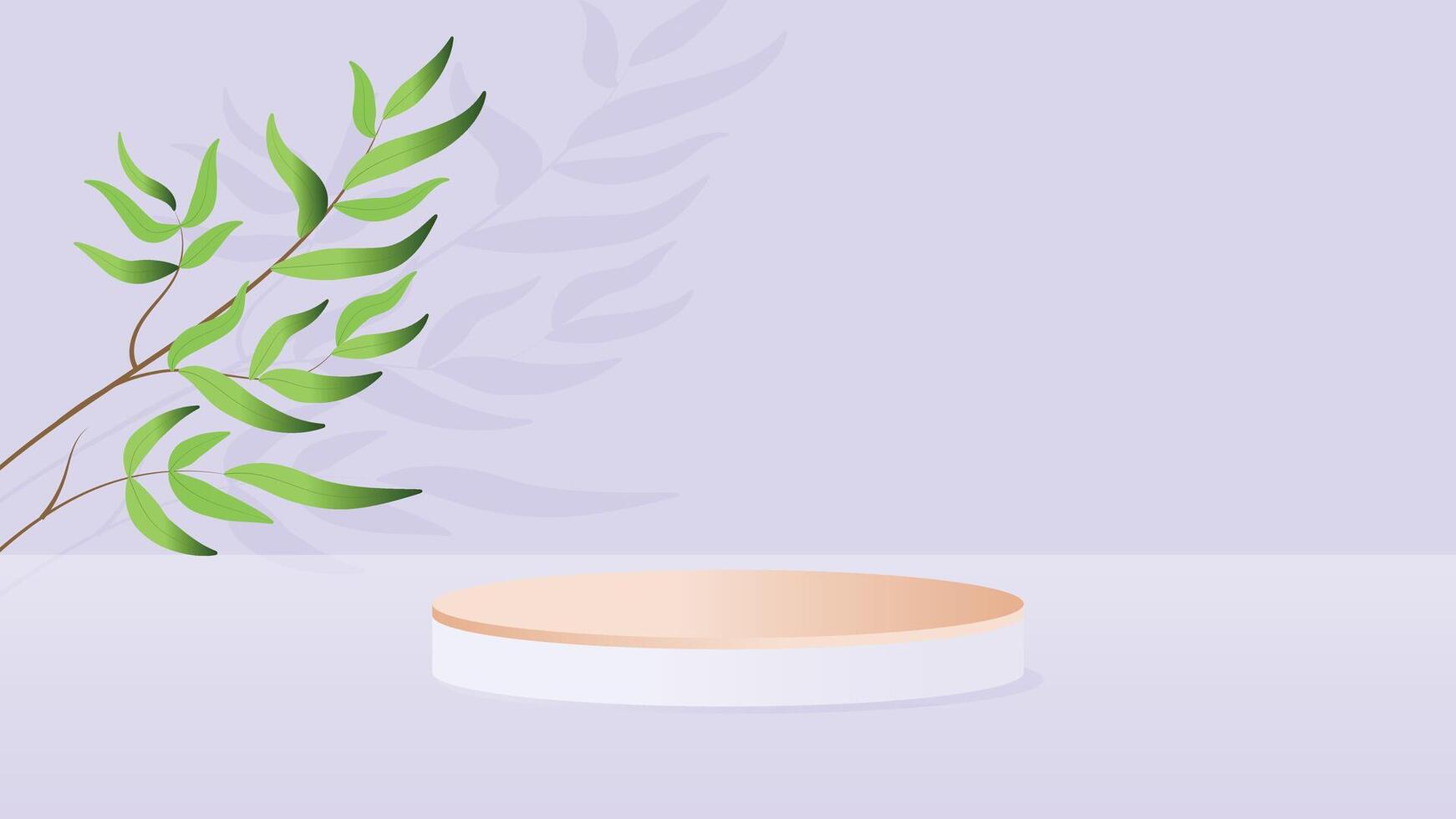 Elegant minimal background featuring a green leaf branch and round podium on a soft pastel purple surface vector