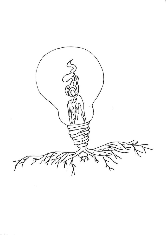Unique black and white sketch showing a candle burning inside a light bulb with branching roots symbolizing creativity growth and inspiration vector