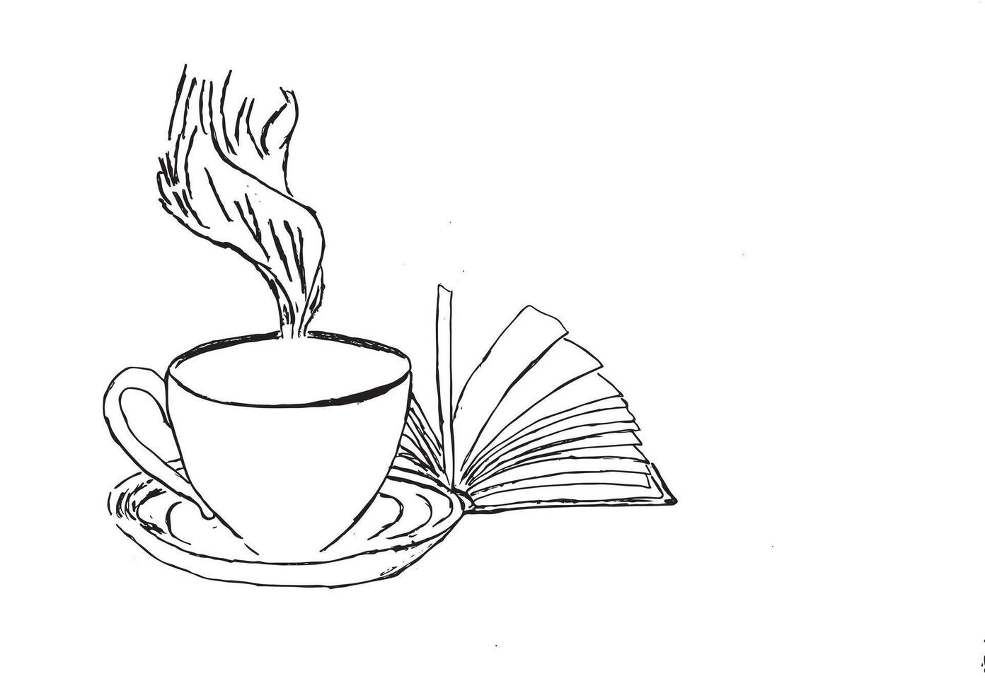 Black and white illustration of a steaming drink beside an open book perfect for cozy reading moments study themes and creative art projects vector