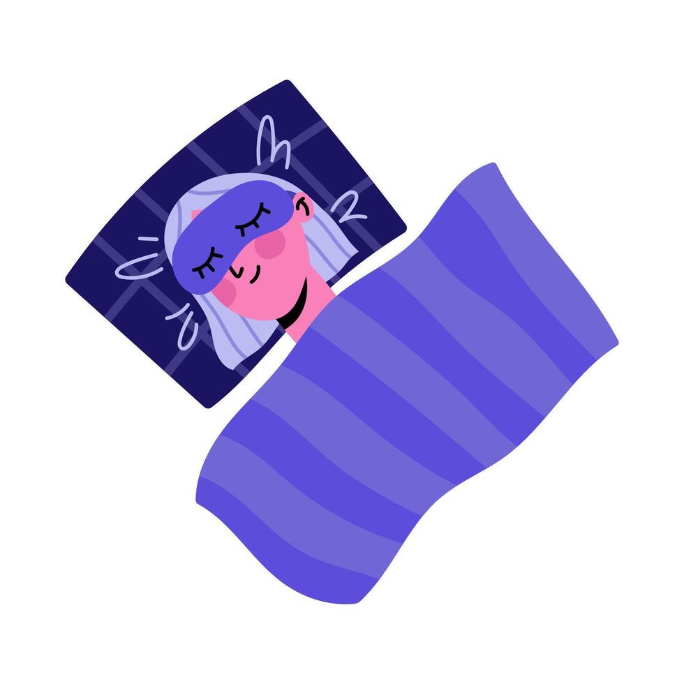 A young woman sleeps on a pillow in a sleep mask. Sleep day, mental health and wellness concept. Flat illustration isolated on white background. vector