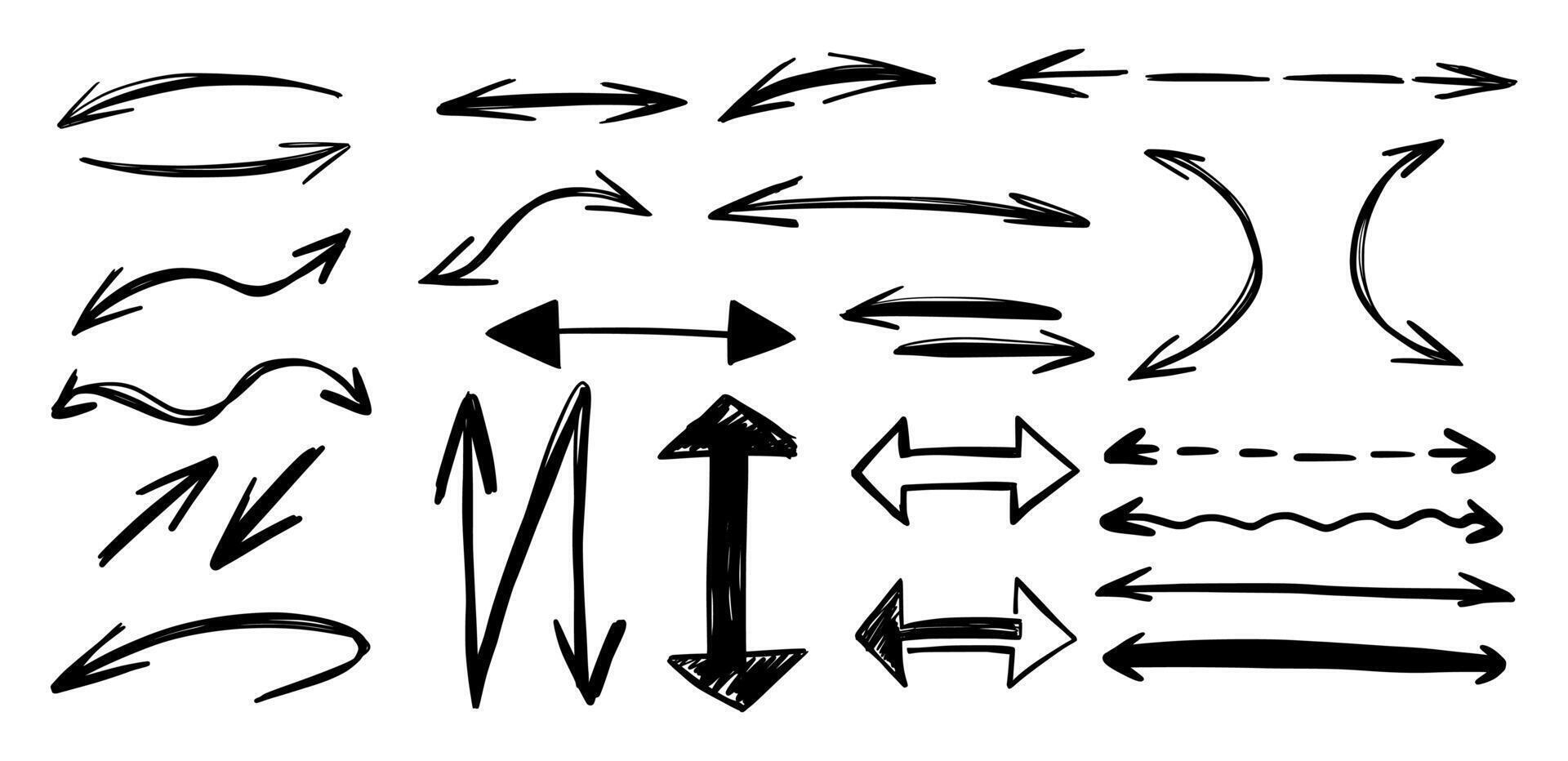 Double sided arrows set. Hand drawn doodle arrows on white background. Design element illustration. vector