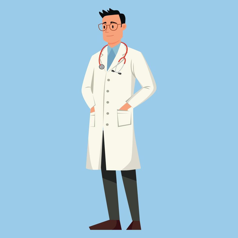 Cute man doctor in white coat with red stethoscope. Flat illustration on blue background. vector