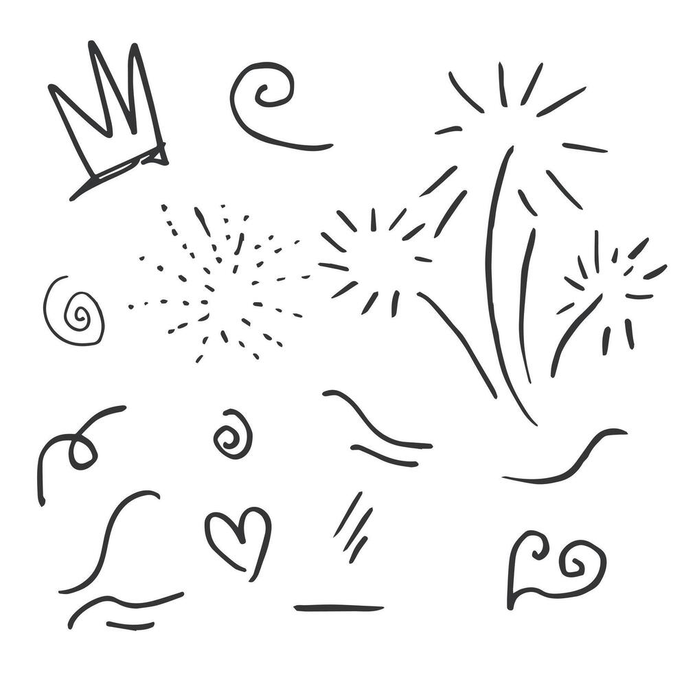 hand drawn set element,black on white background.arrow,heart,light,king,emphasis,leaf,star,swirl. vector