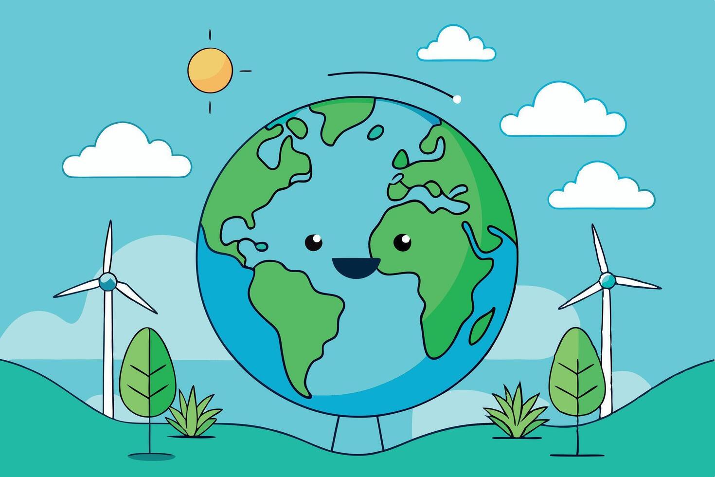 Earth Day graphic with mountains, solar panels, and wind turbines showing commitment to environmental sustainability vector