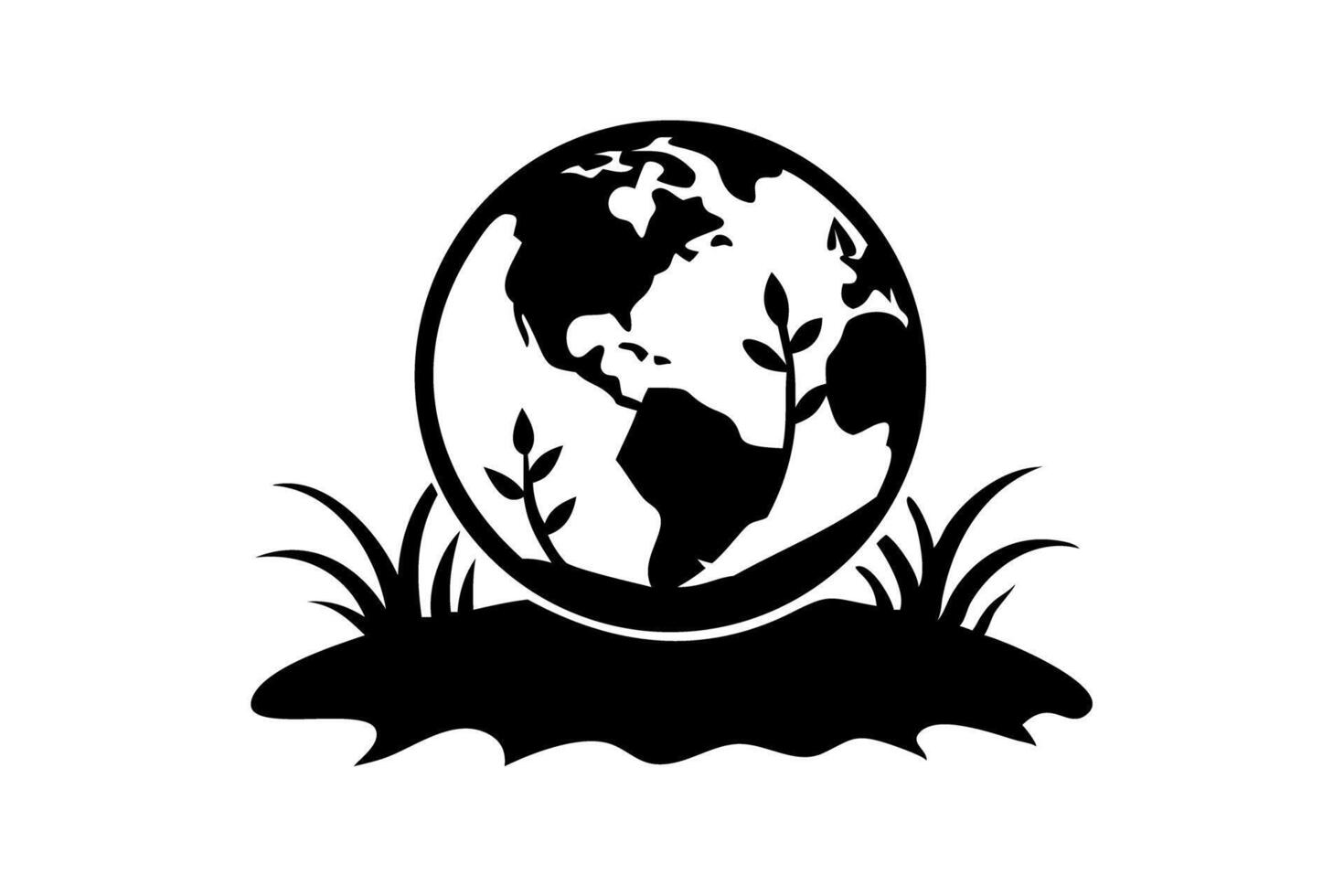 A Black and White Illustration of Earth Day the Earth with Plants Growing on It vector