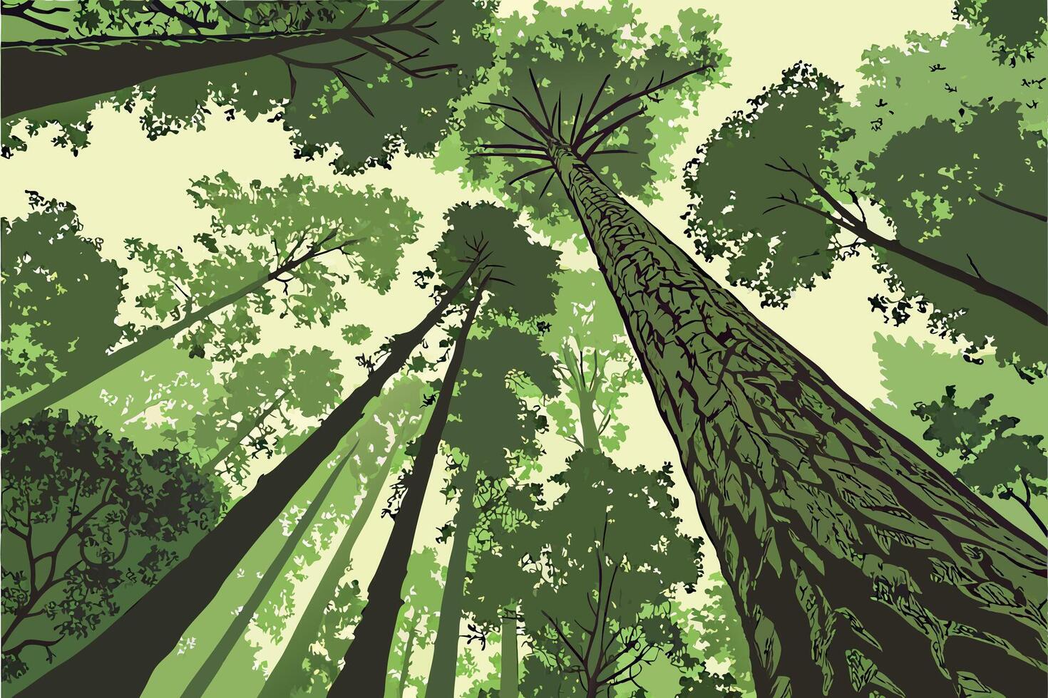 Looking Upward into a Lush Green energy Earth Day Green Forest Canopy of Tall Trees vector