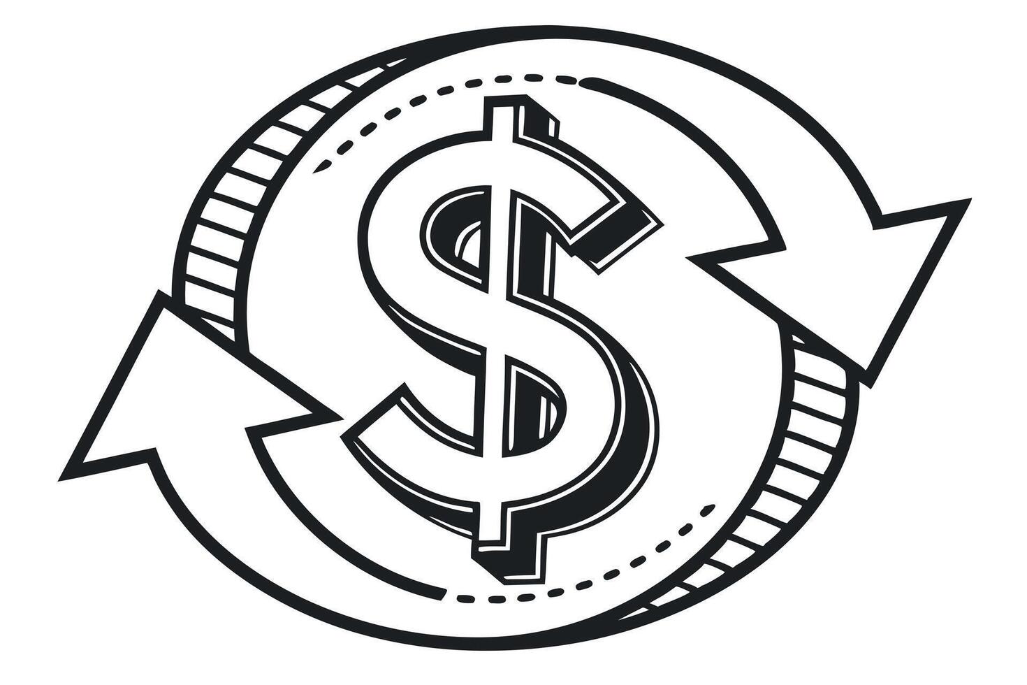 Business Cash Flow Conceptual Icon with Arrows Pointing in and Out of Dollar Sign in Black and White vector