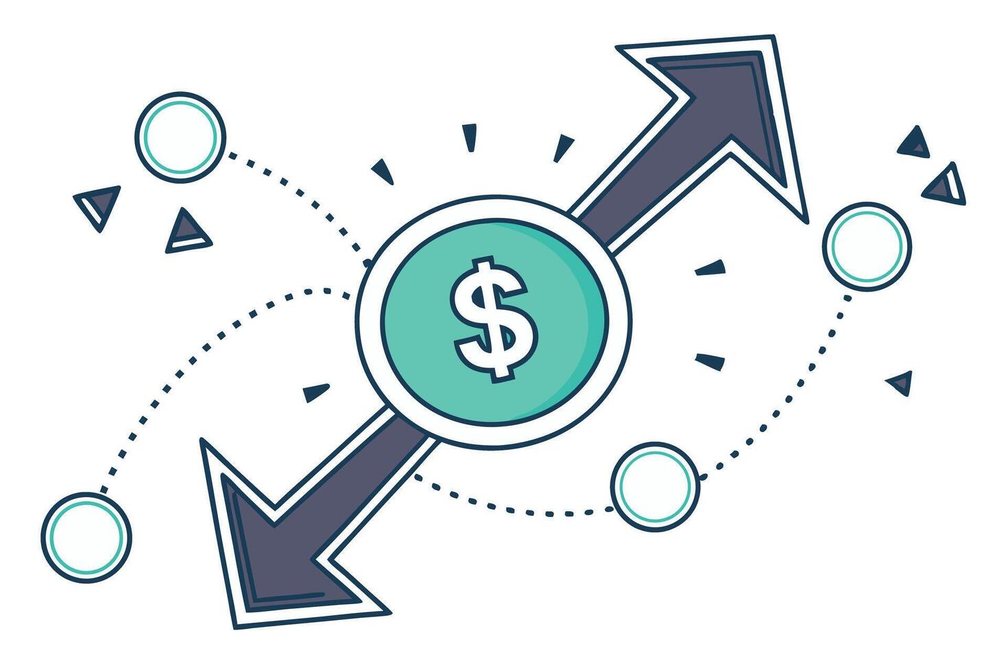 Dollar sign surrounded by financial arrows showing the movement of money, investments, and cash flow in business and economic growth vector