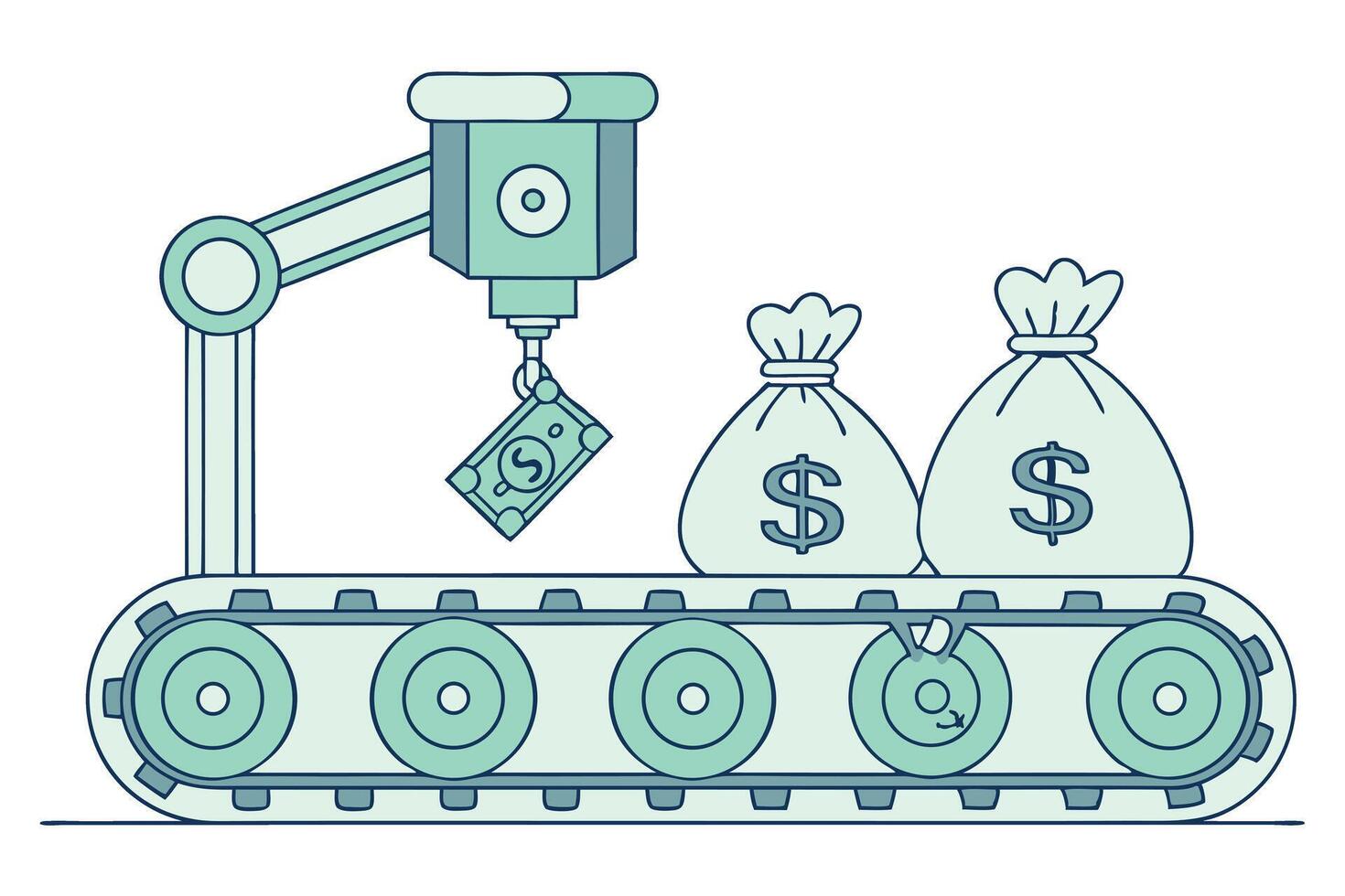 Automated Money Generation System on Conveyor Cash Flow Belt Showing Robotic Arm and Money Bags vector
